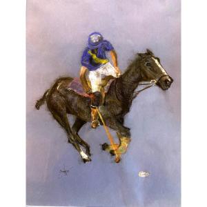  Gouache Drawing Of A Polo Player In Action, Signed Brugg  