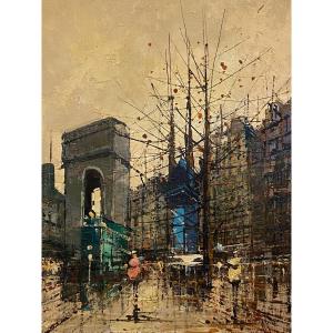 Painting Of The Porte Saint-martin In Paris In Winter, 20th Century, Signed