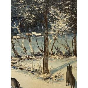 19th Century Painting: Wolves Near A Village In Russia 
