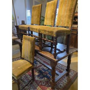 Four Louis XIII Period Chestnut Chairs Upholstered In Gold Striped Velvet 