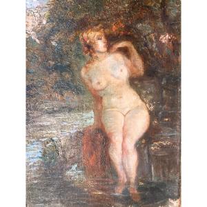 Painting 19th Century Of A Young Person Nude Bathing Her Feet In A Stream