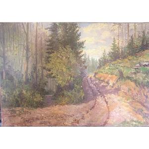 Large Landscape Of Forest Paths, Oil On Canvas, Post-impressionist, 20th Century