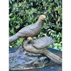 1930 Russian Art Deco Bronze Sculpture Of A Faisan And Faisane By George Lavroff