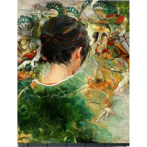 Hst Post Impressionist Japanese Geisha Signed Mashajeva