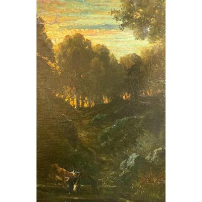 19th Painting Sunset In Rural Landscape Animated With People And Animals