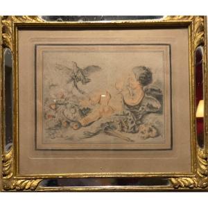 Pair Old Prints Of Eros  By  Jean Batiste Huet Golden Frame In Wood With Glazing Beads