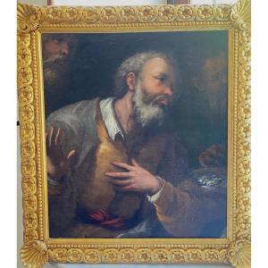 17th Century Painting Oil On Cavas In A Hand Carved Gilded Frame Of That Period