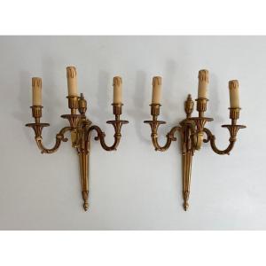 Pair Of Louis The 16th Style 3 Arms Bronze Wall Lights. French Work By Lucien Gau. Circa 1950