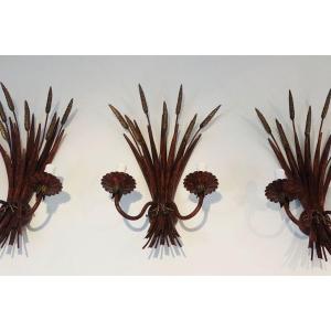 Set Of 3 Red Lacquered And Gilded Wheat Wall Sconces