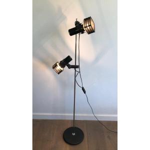 Chrome And Black Lacquered Design Floor Lamp With Adjustable Lights. French Work. Circa 1980