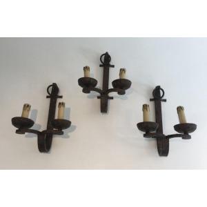 Set Of 3 Wrought Iron Wall Lights. French Work. Circa 1950