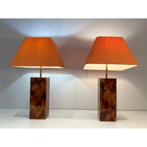 Pair Of Plexiglass Lamps Imitating Tortoise Shell. French Work. Around 1970