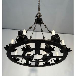 Wrought Iron Chandelier With 12 Lights. French Work In The Gothic Style. Circa 1950