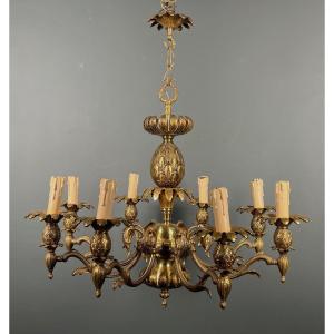 Pineapple Bronze Chandelier With 8 Arms. French Work In The Style Of Maison Charles. Circa 1970