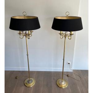 Pair Of Neoclassical Brushed Steel And Brass Floor Lamp With Hunting Horns. French Work