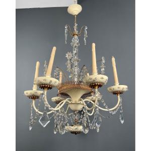Chandelier In Eggshell Lacquered Sheet Metal And Gold Metal, Decorated With Crystals Cut