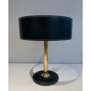 Dark Green Cellier Stitched Leather And Brass Desk Lamp  In The Style Of Jacques Adnet