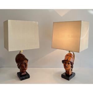 Pair Of Walnut Table Lamps Representing The Faces Of Helmeted Soldiers. Italian Work.