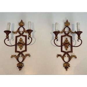 Pair Of Red Patinated Wrought Iron And Wood Wall Sconces With Gilded Acanthus Leaves.