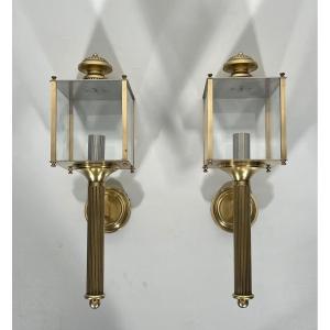 Pair Of Neoclassical Style Brass Lanterns Wall Lights. French Work By Maison Jansen. Circa 1940