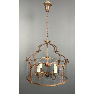 Rare 4 Lights Gilt Beaten Wrought Iron Lantern With Curved Glasses