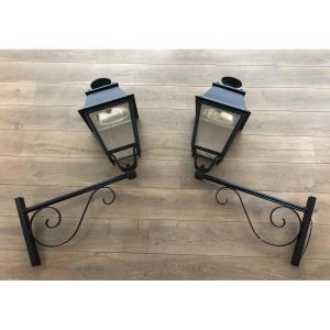 Pair Of Important Iron Outside Lanterns On Brackets. Gfrench Work. Circa 1950