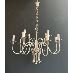 Neoclassical Style Silvered Metal Chandelier. French Work By Maison Charles. Circa 1940