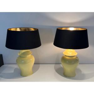 Pair Of Yellow Ceramic Table Lamps. French Work. Circa 1970