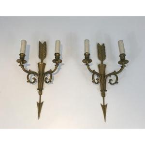 Pair Of Tall Bronze Sconces With Quiver, Arrow And Eagleheads. Circa 1920