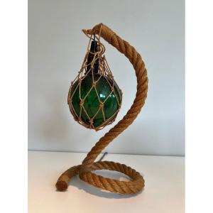 Rope And Green Glass Table Lamp. French Work By Adrien Audoux & Frida Minet. Circa 1950