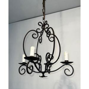 4 Lights Wrought Iron Chandelier. French Work. Circa 1950