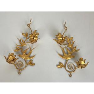 Pair Of Gilded Metal Birds Wall Sconces. French Work In The Style Of Maison Baguès. Circa 1970