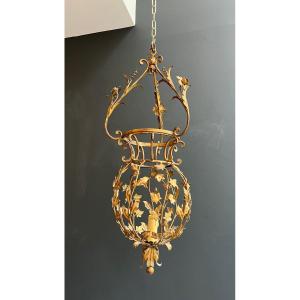 Large Gilded Iron Lantern With Foliage Decoration. Italian Manufacture By Palladio 