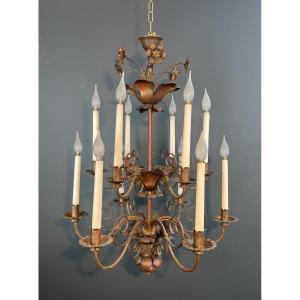 Tall Gilt Metal 2 Tiers Chandelier With 12 Lights. French Work In The Style Of Maison Baguès.
