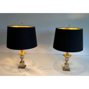 Pair Of Palm Tree Chrome & Brass Neoclassical Style Wall Lights In The Style Of Maison Charles