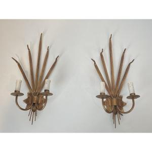 Pair Of Decorative Gilded Wheat Wall Sconces. French Work In The Style Of Coco Chanel
