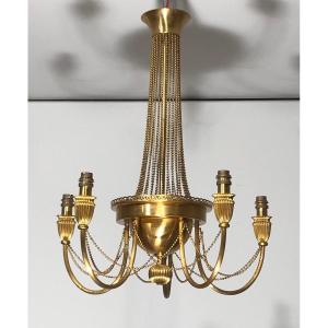 Neoclassical Style Brass Chandelier Decorated With Pearl Garlands. French Work. Circa 1940
