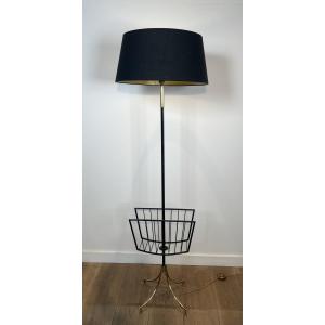 Black Lacquered Metal And Brass Design Floor Lamp With A Magazine Rack. French Work. Circa 1950