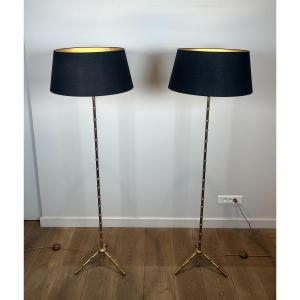 Pair Of Faux-bambou Bronze And Brass Floor Lamp. French Work By Jacques Adnet. Circa 1940
