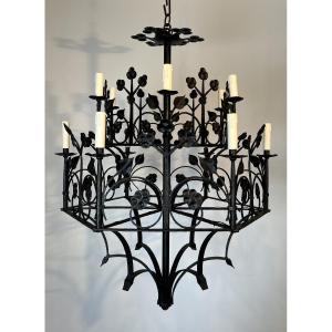 Large Wrought Iron Chandelier With Clovers And Foliage Decorations With 12 Lights