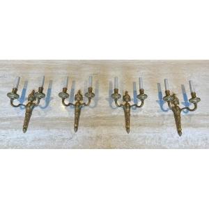Set Of Four Bronze Wall Sconces. French Work In The Style Of Louis The 16th. Circa 1940 