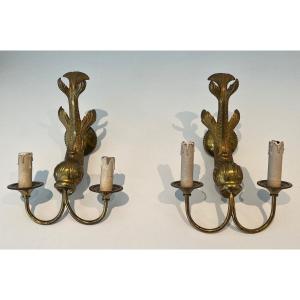 Pair Of Dolfin Bronze Wall Sconces. French Work By Maison Jansen. Circa 1940