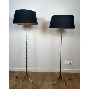 Pair Of Faux-bamboo Bronze Floor Lamps. French Work By Maison Bagués. Circa 1940 (false Pair)