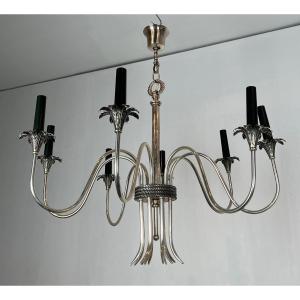 Neoclassical Style Silvered Metal Chandelier. French Work By Maison Charles. Circa 1940