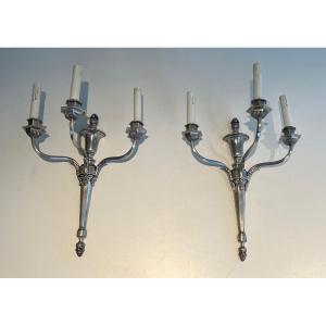Pair Of Large Silvered Metal Wall Lights With 3 Arms. French Work. Circa 1900