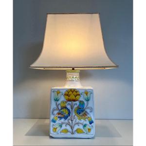 Earthenware Table Lamp With Birds And Flowers Decors. French Work. Circa 1970