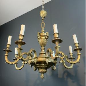 Large 8 Arms Chiseled Bronze Chandelier. French Work. Louis The 16th Style. By Lucien Gau. 