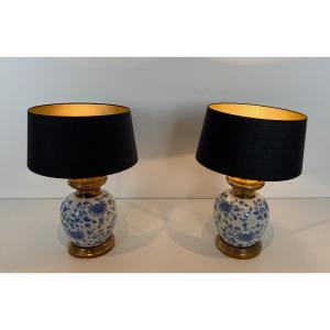 Pair Of Table Lamps Made Of Porcelain In The Blue And White Tons With Chinese Décoration 