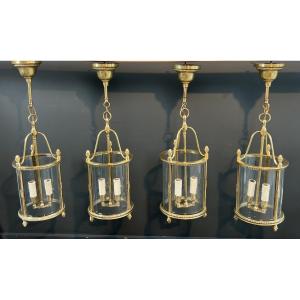 Rare Set Of 4 Neoclassical Style Bronze Round Lanterns. French Work Attributed To Maison Jansen