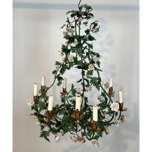Important Louis XVI Style Brass Basket Chandelier In Green Lacquered Metal Foliage And Meissen 